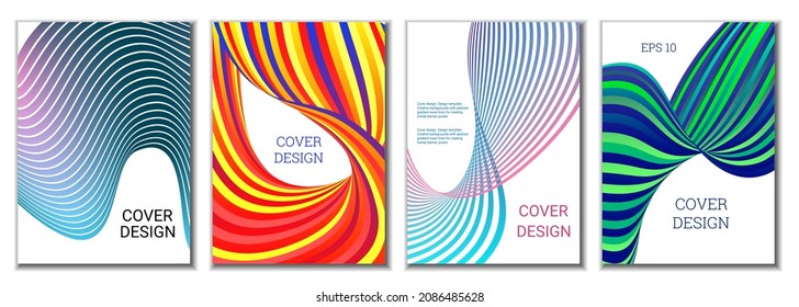A set of 4 abstract covers. Wavy parallel gradient lines, ribbons evolve. Cover design, background. Trendy banner, poster.