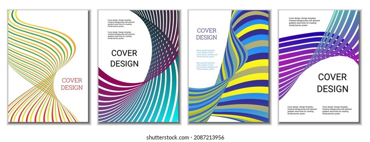 A set of 4 abstract covers. Wavy parallel gradient lines, ribbons evolve. Cover design, background. Trendy banner, poster.