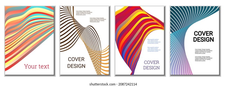 A set of 4 abstract covers. Wavy parallel gradient lines, ribbons evolve. Cover design, background. Trendy banner, poster.