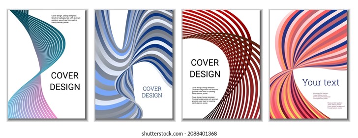 A set of 4 abstract covers. Wavy parallel gradient lines, ribbons evolve. Cover design, background. Trendy banner, poster.