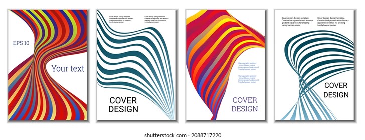 A set of 4 abstract covers. Wavy parallel gradient lines, ribbons evolve. Cover design, background. Trendy banner, poster.