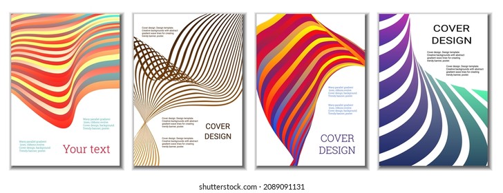 A set of 4 abstract covers. Wavy parallel gradient lines, ribbons evolve. Cover design, background. Trendy banner, poster.