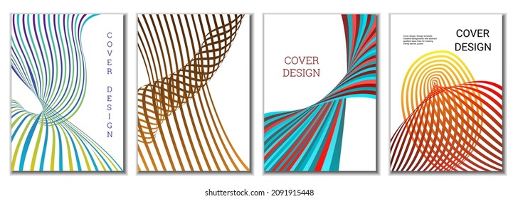 A set of 4 abstract covers. Wavy parallel gradient lines, ribbons evolve. Cover design, background. Trendy banner, poster.