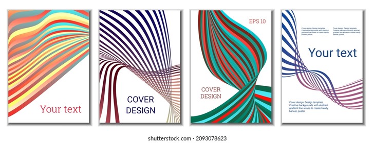 A set of 4 abstract covers. Wavy parallel gradient lines, ribbons evolve. Cover design, background. Trendy banner, poster.