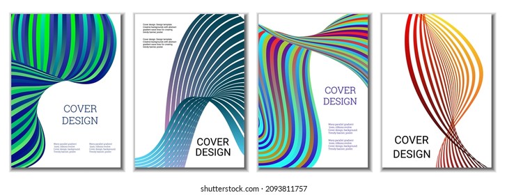 A set of 4 abstract covers. Wavy parallel gradient lines, ribbons evolve. Cover design, background. Trendy banner, poster.