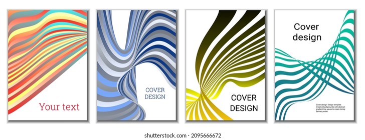 A set of 4 abstract covers. Wavy parallel gradient lines, ribbons evolve. Cover design, background. Trendy banner, poster.