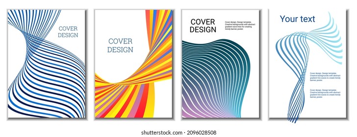 A set of 4 abstract covers. Wavy parallel gradient lines, ribbons evolve. Cover design, background. Trendy banner, poster.