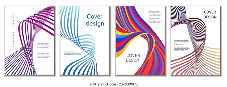 A set of 4 abstract covers. Wavy parallel gradient lines, ribbons evolve. Cover design, background. Trendy banner, poster.