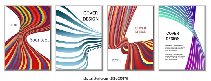 A set of 4 abstract covers. Wavy parallel gradient lines, ribbons evolve. Cover design, background. Trendy banner, poster.