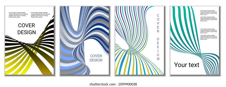 A set of 4 abstract covers. Wavy parallel gradient lines, ribbons evolve. Cover design, background. Trendy banner, poster.