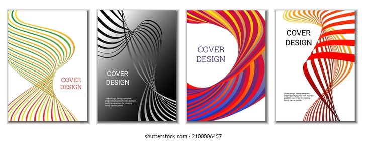 A set of 4 abstract covers. Wavy parallel gradient lines, ribbons evolve. Cover design, background. Trendy banner, poster.