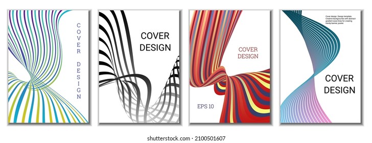 A set of 4 abstract covers. Wavy parallel gradient lines, ribbons evolve. Cover design, background. Trendy banner, poster.