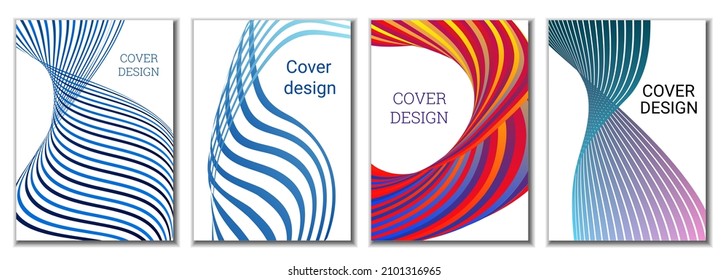 A set of 4 abstract covers. Wavy parallel gradient lines, ribbons evolve. Cover design, background. Trendy banner, poster.