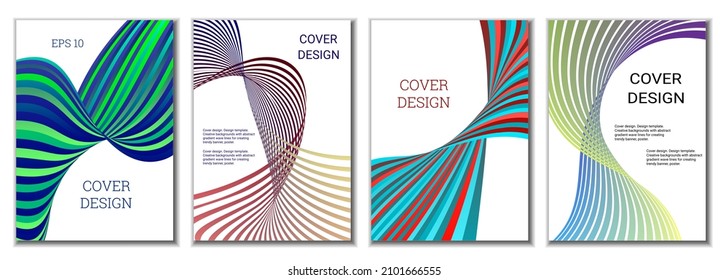 A set of 4 abstract covers. Wavy parallel gradient lines, ribbons evolve. Cover design, background. Trendy banner, poster.