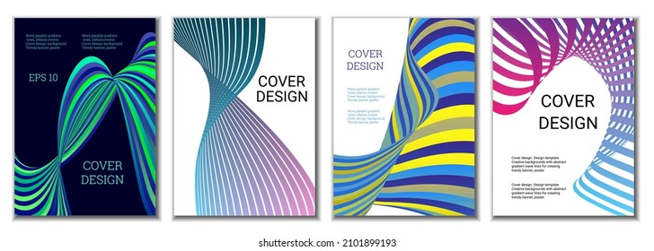 A set of 4 abstract covers. Wavy parallel gradient lines, ribbons evolve. Cover design, background. Trendy banner, poster.