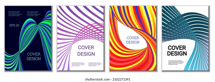 A set of 4 abstract covers. Wavy parallel gradient lines, ribbons evolve. Cover design, background. Trendy banner, poster.
