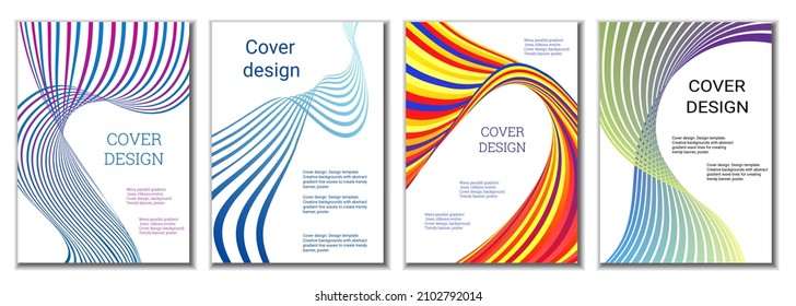 A set of 4 abstract covers. Wavy parallel gradient lines, ribbons evolve. Cover design, background. Trendy banner, poster.