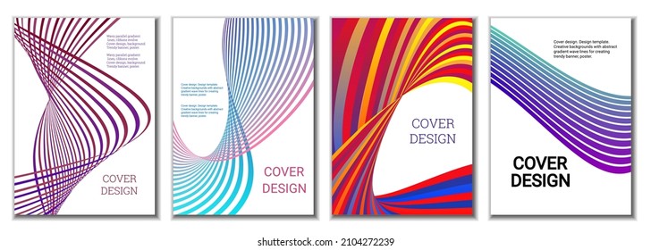 A set of 4 abstract covers. Wavy parallel gradient lines, ribbons evolve. Cover design, background. Trendy banner, poster.