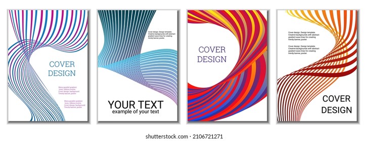 A set of 4 abstract covers. Wavy parallel gradient lines, ribbons evolve. Cover design, background. Trendy banner, poster.