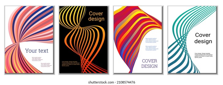 A set of 4 abstract covers. Wavy parallel gradient lines, ribbons evolve. Cover design, background. Trendy banner, poster.