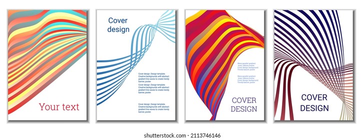 A set of 4 abstract covers. Wavy parallel gradient lines, ribbons evolve. Cover design, background. Trendy banner, poster.