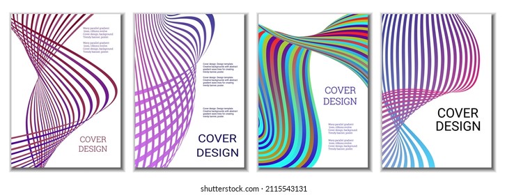 A set of 4 abstract covers. Wavy parallel gradient lines, ribbons evolve. Cover design, background. Trendy banner, poster.