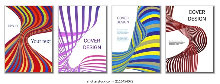 A set of 4 abstract covers. Wavy parallel gradient lines, ribbons evolve. Cover design, background. Trendy banner, poster.