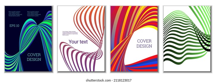 A set of 4 abstract covers. Wavy parallel gradient lines, ribbons evolve. Cover design, background. Trendy banner, poster.