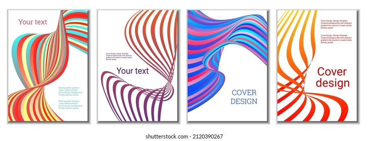 A set of 4 abstract covers. Wavy parallel gradient lines, ribbons evolve. Cover design, background. Trendy banner, poster.