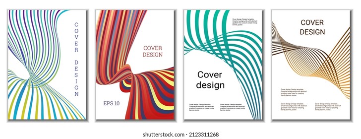 A set of 4 abstract covers. Wavy parallel gradient lines, ribbons evolve. Cover design, background. Trendy banner, poster.