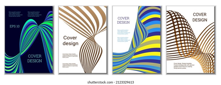 A set of 4 abstract covers. Wavy parallel gradient lines, ribbons evolve. Cover design, background. Trendy banner, poster.