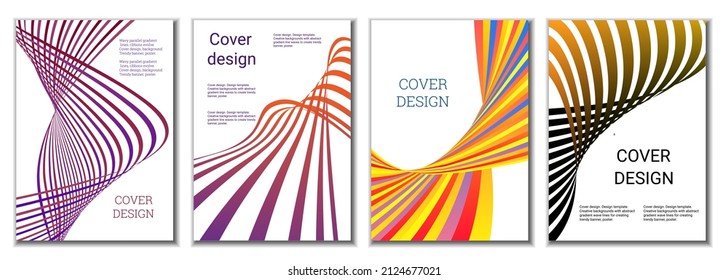 A set of 4 abstract covers. Wavy parallel gradient lines, ribbons evolve. Cover design, background. Trendy banner, poster.