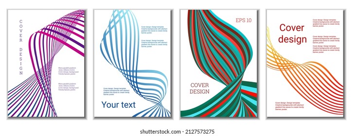 A set of 4 abstract covers. Wavy parallel gradient lines, ribbons evolve. Cover design, background. Trendy banner, poster.