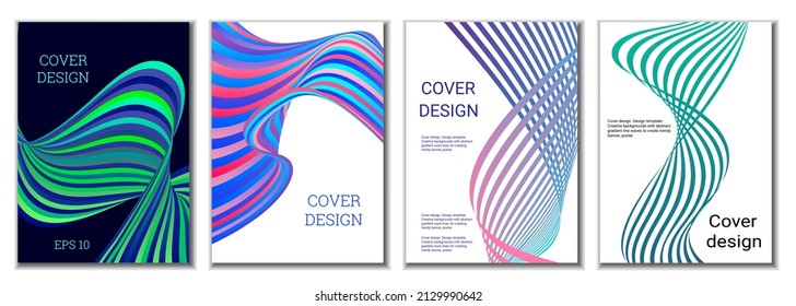 A set of 4 abstract covers. Wavy parallel gradient lines, ribbons evolve. Cover design, background. Trendy banner, poster.