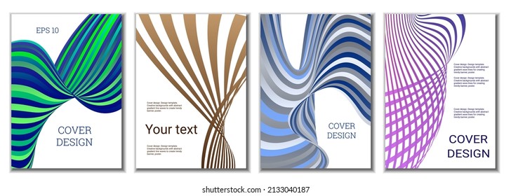 A set of 4 abstract covers. Wavy parallel gradient lines, ribbons evolve. Cover design, background. Trendy banner, poster.