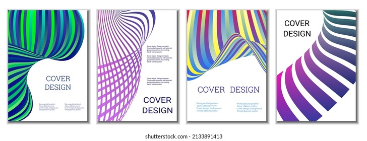 A set of 4 abstract covers. Wavy parallel gradient lines, ribbons evolve. Cover design, background. Trendy banner, poster.