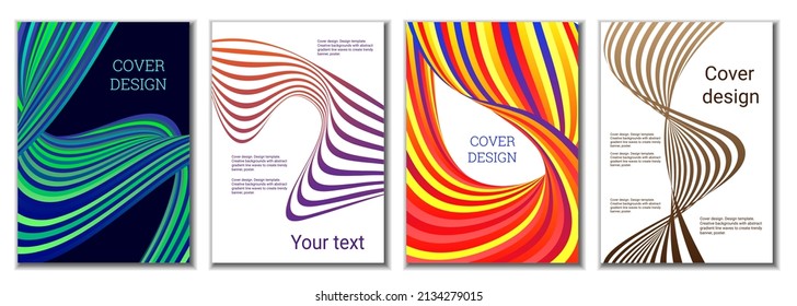 A set of 4 abstract covers. Wavy parallel gradient lines, ribbons evolve. Cover design, background. Trendy banner, poster.