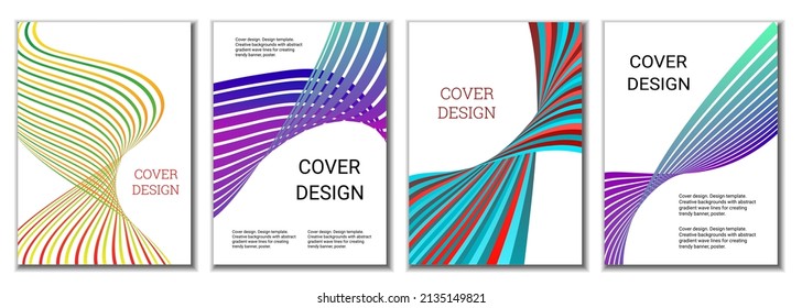 A set of 4 abstract covers. Wavy parallel gradient lines, ribbons evolve. Cover design, background. Trendy banner, poster.