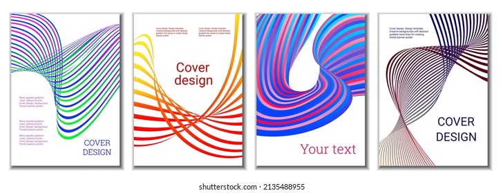 A set of 4 abstract covers. Wavy parallel gradient lines, ribbons evolve. Cover design, background. Trendy banner, poster.