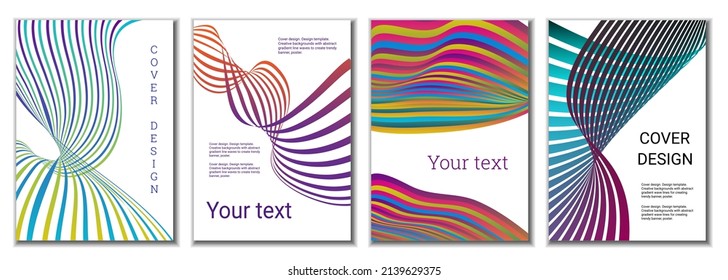 A set of 4 abstract covers. Wavy parallel gradient lines, ribbons evolve. Cover design, background. Trendy banner, poster.