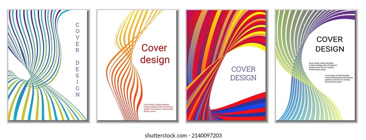 A set of 4 abstract covers. Wavy parallel gradient lines, ribbons evolve. Cover design, background. Trendy banner, poster.