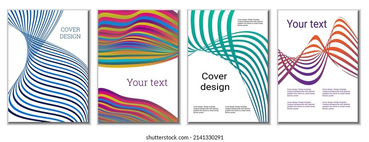 A set of 4 abstract covers. Wavy parallel gradient lines, ribbons evolve. Cover design, background. Trendy banner, poster.