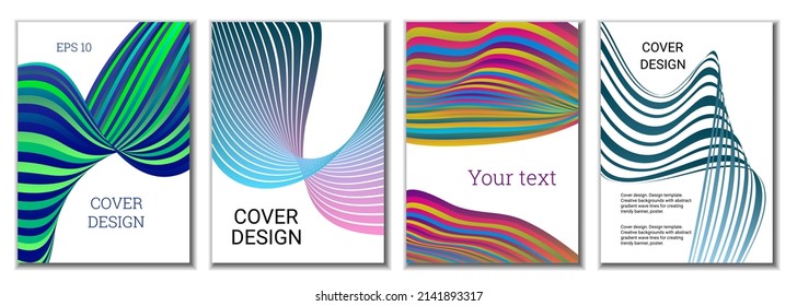 A set of 4 abstract covers. Wavy parallel gradient lines, ribbons evolve. Cover design, background. Trendy banner, poster.