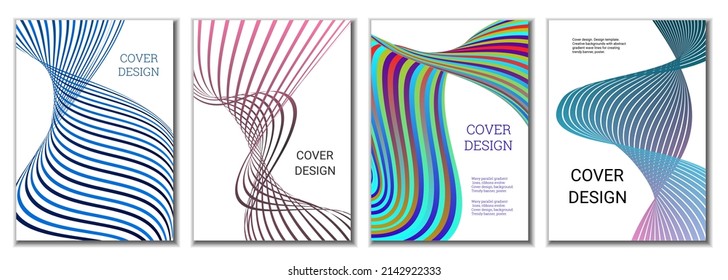 A set of 4 abstract covers. Wavy parallel gradient lines, ribbons evolve. Cover design, background. Trendy banner, poster.