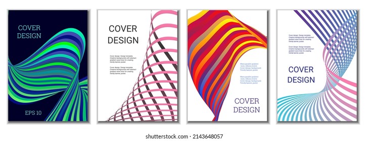 A set of 4 abstract covers. Wavy parallel gradient lines, ribbons evolve. Cover design, background. Trendy banner, poster.