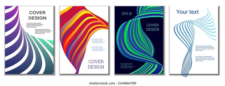 A set of 4 abstract covers. Wavy parallel gradient lines, ribbons evolve. Cover design, background. Trendy banner, poster.