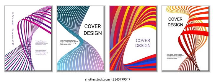 A set of 4 abstract covers. Wavy parallel gradient lines, ribbons evolve. Cover design, background. Trendy banner, poster.