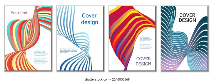 A set of 4 abstract covers. Wavy parallel gradient lines, ribbons evolve. Cover design, background. Trendy banner, poster.