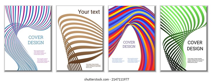 A set of 4 abstract covers. Wavy parallel gradient lines, ribbons evolve. Cover design, background. Trendy banner, poster.