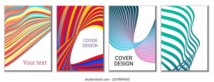 A set of 4 abstract covers. Wavy parallel gradient lines, ribbons evolve. Cover design, background. Trendy banner, poster.